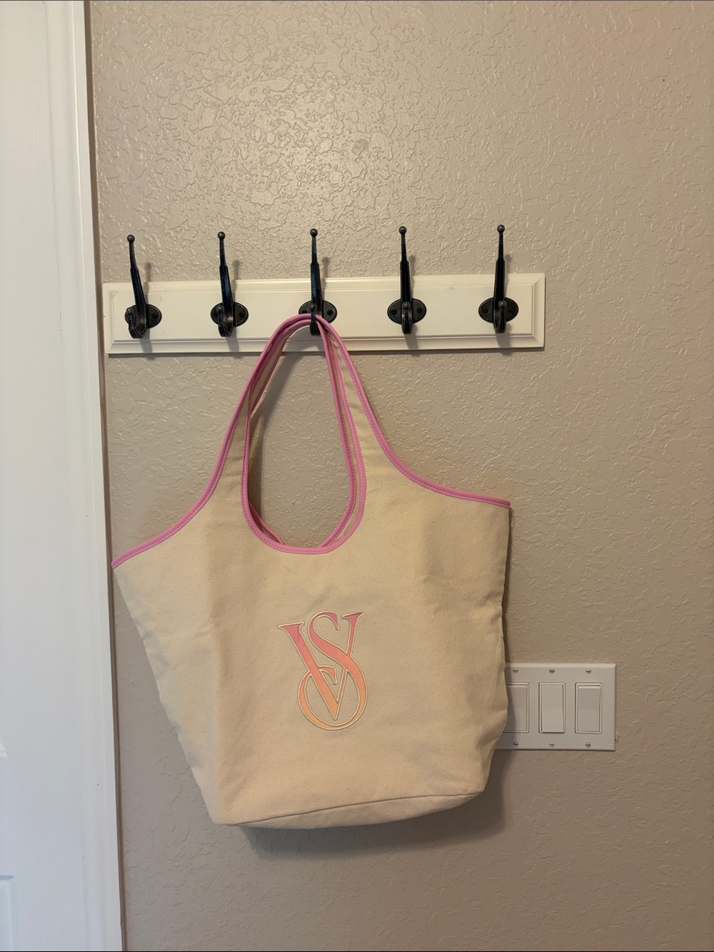 Victoria's Secret Cream Canvas Tote with Pink Trim
